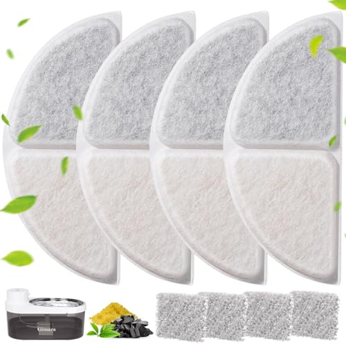 Gimars 8 Filter für Katzenbrunnen, 4 Stück Filter + 4 Stück Schaumstofffilter, für CYD008 Trinkbrunnen für Katzen, mit Dreifaches Filtersystem mit Harz und Aktivkohle