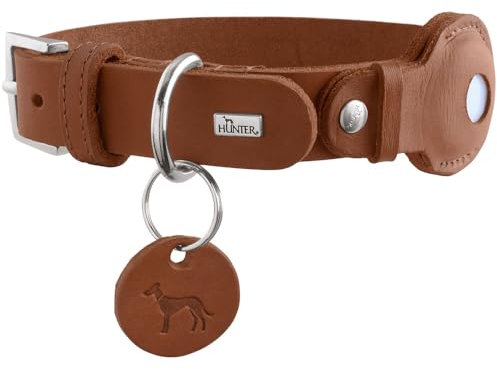 HUNTER Hundehalsband VIBORG mit Halter für Apple AirTag, Farbe: Cognac, Robustes & weiches Rindsleder, integrierte AirTag-Halterung, hochwertig, Made in Germany, Größe: 45