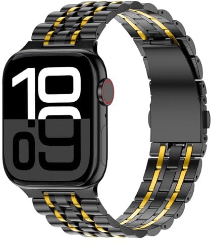 Anlinser Metal Strap Compatible with Apple Watch Straps 49mm 46mm 45mm 44mm 42mm 41mm 40mm 38mm, Adjustable Stainless Steel Band for iWatch Ultra 2 Series 10/9/8/7-1, SE (49/46/45/44/42, Black Gold)