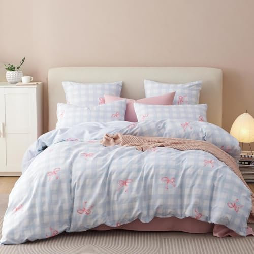 Tospass Bettwäsche 135x200cm Blau Rosa Karierte Schleife Mädchen Bettwäsche Set Fliege Elegant Mikrofaser Bettbezug 1 Deckenbezug mit Reißverschluss und 1 Kissenbezug 80x80cm