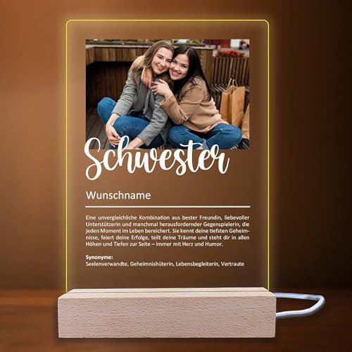 INDIGOS UG - LED Lampe personalisiert - Schwester Definition - Bild mit Wunschtext - Wunschname - personalisiertes Nachtlicht - Geschenk, Geburtstag, Weihnachten - optionale Lampe warmweiß