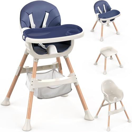 Baby High Chair, 4-in-1 Convertible Highchairs with Adjustable Height,Comfortable Toddler Chair & Table,Removable Double Tray,Ergonomic Portable Feeding,6 Months to 5 Years,Blue