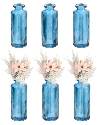 sourcing map Blue Glass Bud Vase Set of 6, Small Flower Vases for Centerpiece, Ribbed Vintage Clear Mini Vases in Bulk Assorted for Rustic Wedding Floral Party Home Table Decor