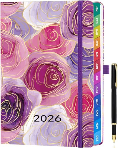 Kalender 2026 A5 Deutsch – Wochenplaner & Terminplaner mit Monatsübersicht, Januar bis Dezember 2026, mit bunten Monatsregistern, farbenfrohen Innenseiten, Innentasche & Stift - Rosa Rose
