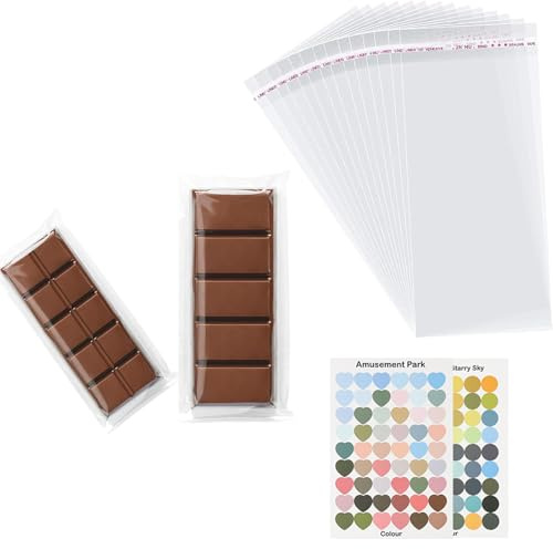 Omeblos Wax Melt Packaging Snap Bar Bags, 6 x 21 cm Self Adhesive Wax Melts Packaging Bags with 100 Pcs Heart Shape Round Stickers for Soap, Gifts, Sweet, Jewelry, Candle Making Supplies