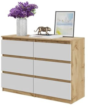 Furnica Kommode 100cm Sideboard mit 6 Schubladen - 100x71x33cm (Wotan Eiche/Weiß Matt)