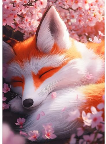 QINRUBB DIY Schlafender Fuchs Diamond Painting Erwachsene, 5D Kirschblüten Diamant Painting Bilder Anfänger, Runder Vollbohrer Fuchs Diamant Kunst Kits Kreuzstich Geschenke Home Wand Dekor 30x40 cm