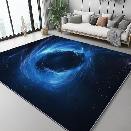 Teppich Wohnzimmer Waschbar Dark Fantasy Weltraum Schwarzes Loch Drucken, 160 x 230 cm Flauschig Superfeiner Kaschmir rutschfest Bettvorleger Teppiche für Kinderzimmer Büro, Dunkelblau
