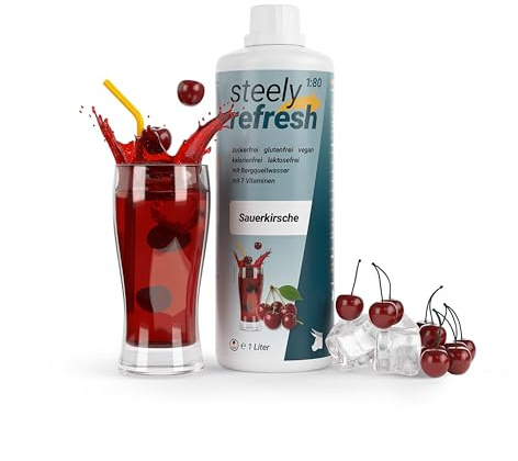 STEELY SPORTS Sirup ohne Zucker | Geschmack: Sauerkirsche| SteelyRefresh Getränkekonzentrat mit Vitaminen | 1L Flasche für 80L | Fitness Getränkesirup für Wassersprudler & Sport