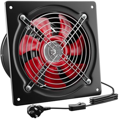 Hon&Guan Abluftventilator 200mm mit Schalter, 980m³/h Industrie Rauchabzug Wandventilator mit Rücklaufklappe, Badlüfter Abluft mit EU-Stecker für Garage Werkstatt Lager und Dachboden,Schwarz