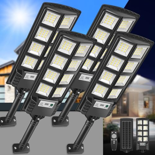 VOPHICHO Farolas Solares Exterior, 6000K Focos Solar LED Jardín con Sensor de Movimiento y Control Remoto, IP66 Impermeable Lampara Solar Luz de Seguridad Exterior para Garage Patio Calle, 4 Pack