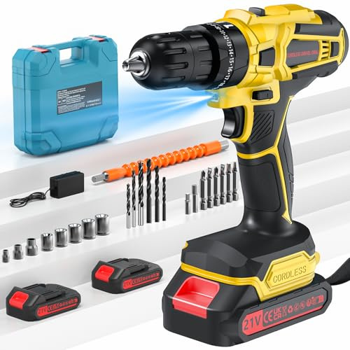 ENRIPRT Trapano Avvitatore Batteria 21V, 45Nm Max Avvitatore Batteria con 2 Batterie 2.0Ah, 25+3 Impostazione Coppia,2 Velocità,LED Luce, Avvitatore Elettrico per Riparazione, Fai da te (Giallo)
