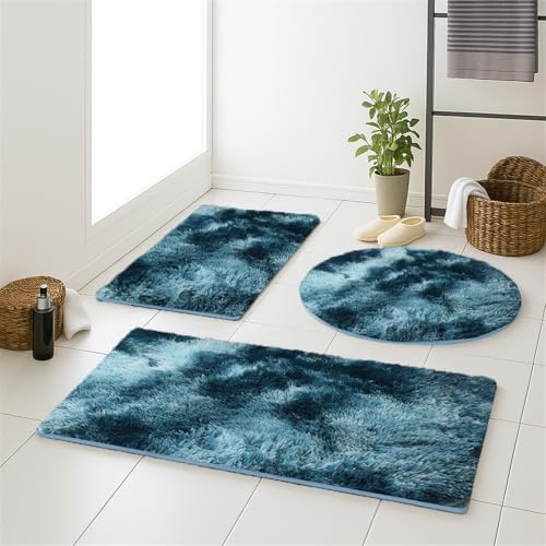 LIVEINU Badematte rutschfest, Flauschiger, Dunkelblau, 80x150cm | Badezimmerteppich in Shaggy Optik, Badvorleger waschbar Duschvorleger, Teppich Fußmatte für Badezimmer, Dusche