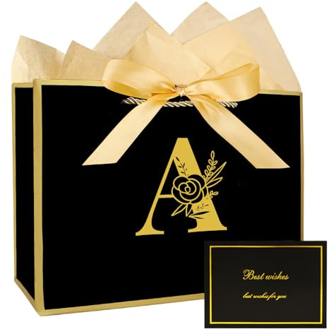 JEKUGOT Birthday Gift Bag for Men Women, Black Medium Gift Bags for Presents, Personalized Gifts Bags for Baby Shower, Weddings and Girls Birthday Party with Wrapping Paper and Card (Black A)