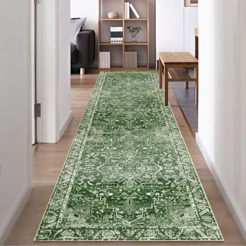 Famibay Läufer Flur 80x300cm Lang Küchenläufer Waschbarer Teppich Weich rutschfest Beige Grün Vintage Boho Flur Teppich Läufer Schlafzimmer Büro Eingangsbereich