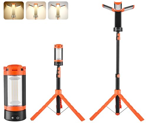 VEVOR Projecteur LED sur trépied amovible, 2200 LM, lampe de travail LED rechargeable sans fil pour camping, 8 Ah, avec trois têtes, intensité variable 3000 K-6500 K, éclairage de chantier portable
