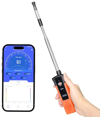 Hotwire Anémomètre, 40 m/s avec Bluetooth, tige extensible de 320 à 650 mm, anémomètre de vitesse 9100 A, haute précision 0,1 m/s, mesure la vitesse du vent CVC, le flux d'air, prise en charge de