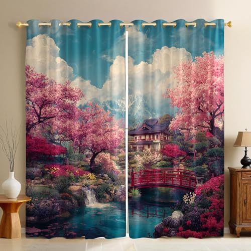 Rosa Blickdichte Vorhänge Japanische Gartenlandschaft Verdunkelungsvorhang 2er Set Ösenvorhang Polyester Schlafzimmer Wohnzimmer Schallschutz H245 x B140 cm