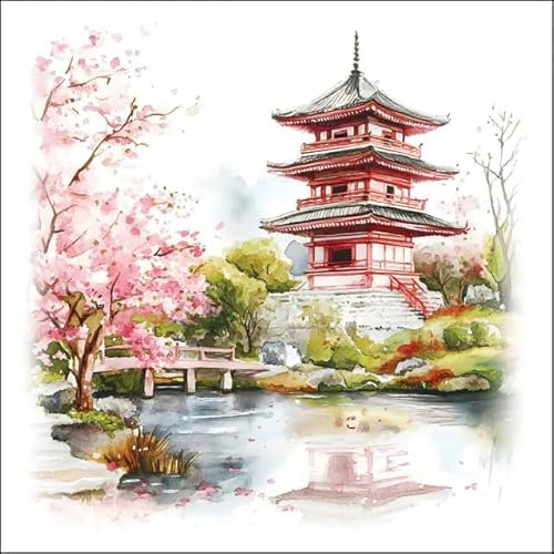20 Servietten Asiatischer Tempel mit Kirschblüten, Brücke & See | Papierservietten 33x33 cm | Fernweh & Tischdeko | Für Serviettentechnik, inkl. Setita Menükarte