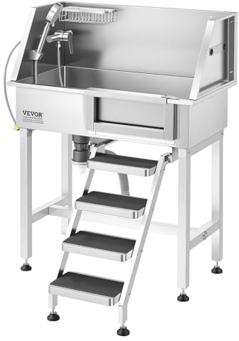 VEVOR Dog Washing Station, 34 Professional Stainless Steel Pet Grooming Tub Bathtub with Shower Faucet Soap Holder Non-Slip Stairs Right Door Easy Clean Pet Wash Sink for Small Dogs Cats