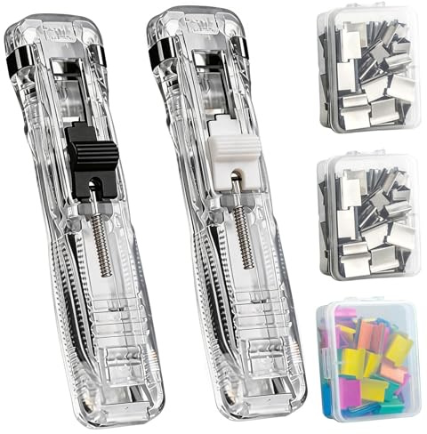 Reusable Creative Stapler Tacker Ohne Klammern mit 150 Stück Wiederverwendbare Heftklammern Mini Push Hefter Set Ergonomisches Design mit für Büro Home Schulbedarf（2PCS Transparent）