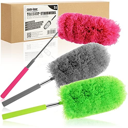 COM-FOUR® 3X Chenille Staubwedel mit Teleskopstange - Staubwischer mit biegsamem Kopf in modernen Farben (003 Stück - rot/grün/grau)