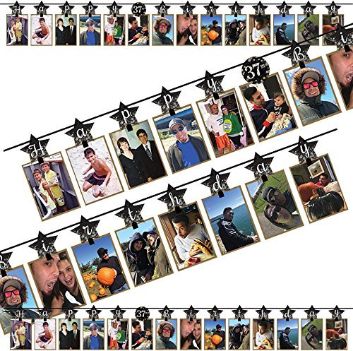 3,65m Partykette für 14 Fotos * Happy Birthday * als Deko zum Geburtstag | mit 28 Selbstklebende Zahlen für Jede Geburtstagszahl | Partydeko Foto-Girlande Flag Banner