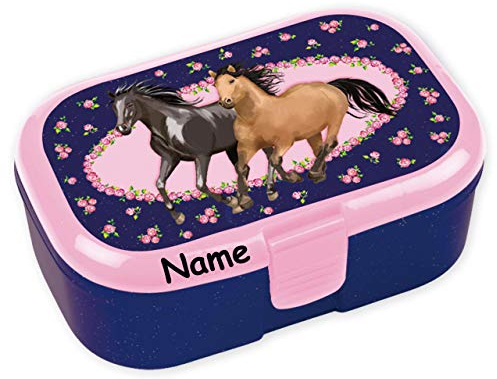 Lutz Mauder Lunchbox * PFERDEFREUNDE plus WUNSCHNAME * für Kinder Pferde Brotdose mit Namensdruck | Mädchen Vesperdose Brotzeit Reiten Pony Ponyhof