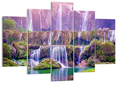 Mehrteilige Bilder auf Leinwand 150x100cm Leinwandbild Wasserfall Natur Groß XXL Wanddeko Bild Schlafzimmer Set 5 teilige Wandbilder Dekoration Wohnzimmer Canvas Wand Kunstdruck Art EA150x100-3893