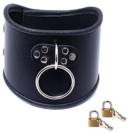 Roluck Leder Halsbänder mit Große O-Ring 2 Schloss Flirt Gothic SM Choker Abschließbar Halsfessel Sex Spielzeug