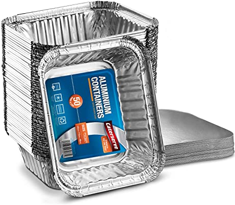 50 Small Aluminum Foil Trays Containers with Paper Lids 500ml | Great for Meal Prep Baking Food Storage Takeaway Tins | by Caterserve