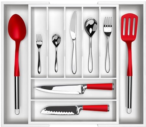 ROYAL CRAFT WOOD Luxury Bamboo Kitchen Drawer Organizer - Silverware Organizer/Utensil Holder and Cutlery Tray with Grooved Drawer Dividers for Flatware and Kitchen Utensils (9 Slot, White)