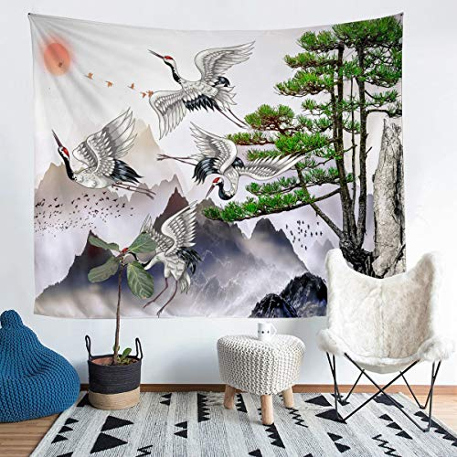 Tbrand Japanische Ukiyoe Wandteppich 175x230cm Hokusai Kranichmuster Dekor Wandbehang für Kinder Japanischer Stil Tapisserie Naturthema Wandkunst Wandtuch