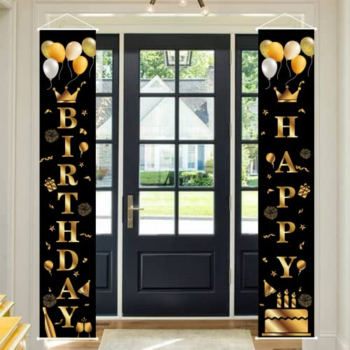 Happy Birthday Door Banner Party Decoration for Him Her,Black Gold Fabric Birthday Door Porch Sign Banner Pull Flag Porch Backdrop for Boys Girls Women Men Birthday Indoor Outdoor Decor Party Supplies