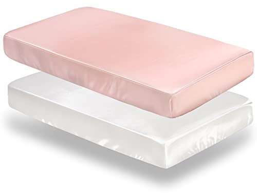 SiinvdaBZX Satin-Mini-Bettlaken für Kinderbett, 96,5 x 61 cm, seidig, weich, tragbar, für Babybett, Matratzenbezug, tragbar, mit 12,7 cm tiefer Tasche, ideal für Babyhaare (Rosa und Weiß), 2 Stück