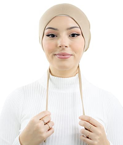 Hijab-Mütze aus Baumwolljersey und Satin-Innenseite, um das Haar von muslimischen Frauen zu halten, taupe, One size