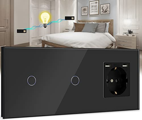 BSEED Interrupteur tactile avec prise USB (max. 2,1 A) - Double interrupteur mural à 2 voies avec prise encastrée - Interrupteur à écran tactile avec cadre en verre - 228 mm - Noir 500 W