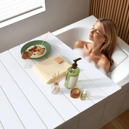 Badewannenabdeckung, 170 × 80cm Faltbare Badewanne, Wasserdicht Staubdicht | PVC-Badewannenabdeckung im Jalousie-Stil für Haus Badewannen Badezimmer, bietet Platz für Weingläser, Bücher, weiß