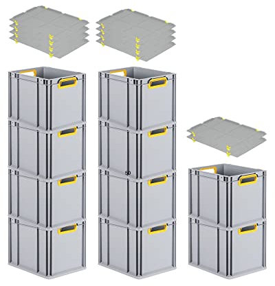 PROREGAL SuperSparSet 10x Eurobox NextGen Color mit Auflagedeckel & Schiebeschnappverschlüsse, HxBxT 32x30x40cm, 30L, Griffe gelb offen, Glatter Boden, Eurobehälter Transportbox Transportbehälter