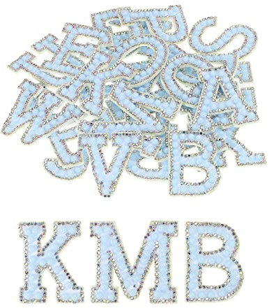 sourcing map Iron on Patch Decorative A-Z Light Blue Pearls Rhinestone Glitter Alphabet Applique for DIY Clothes Repair Hats Bags Pack of 26