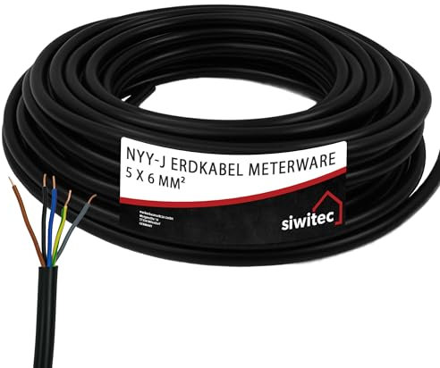 siwitec Erdkabel NYY-J 5x6 mm², Starkstromkabel PVC Erdleitung in schwarz, exakt zugeschnittene Meterware in Profi-Qualität, Länge (aktuelle Auswahl) = 12 Meter