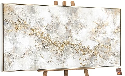 YS-Art Luxus Abstrakt Acryl Gemälde auf Leinwand Geschichte handgemalt Wandbilder Wohnzimmer modern Wohndekor Bilder Büro Gold Grau Beige echte Kunst mit Rahmen 160x80 cm