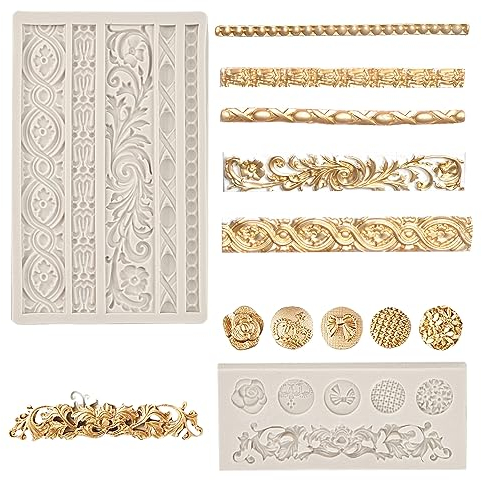 OKUYAN 2 Pack Fondant Silicone Mold 3D Baroque Sculpted Cake Mould Scroll Border Embossed Lace Molds Retro Relief Fondant Mould Silicone Fondant Cake Decorating for Sugarcraft Clay Gum Icing Candy