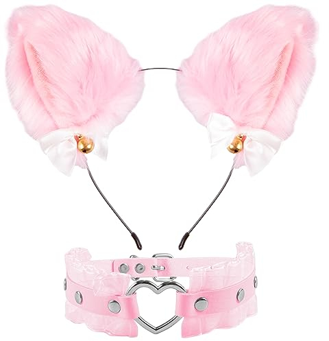 Makone Katzenohren Katze Cosplay Set mit Herz Halskette und Katzenohren Haarreif, Niedlich Cat Ears Haarschmuck Halloween Kostüm Anime Cosplay Mädchen Damen und Kinder(rosa), Durchschnittsgröße