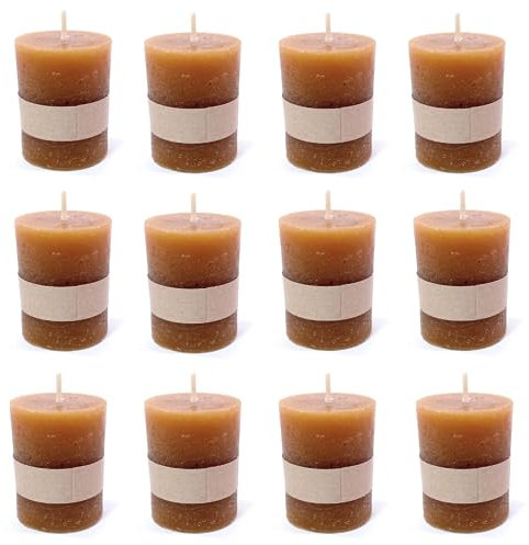 Rustikale Mini Kerzen ca. 4 x 5 cm Stumpenkerze im Antik Look für die perfekte Atmosphäre Zuhause (12 x Tabak)