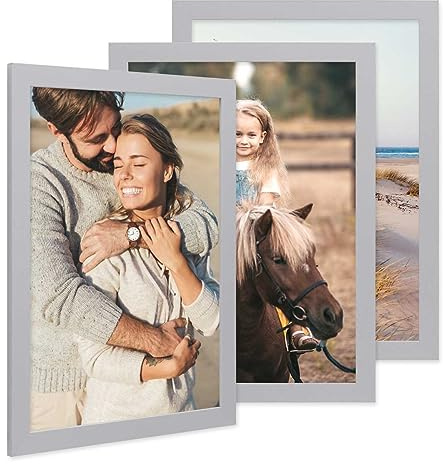 PHOTOLINI Bilderrahmen A3 Silber Holz MDF, 3er Set A3 Bilderrahmen 30x42 breit, Rahmen DINA3 mit Acrylglas, Picture Frame 42 x 30 zum Aufhängen, Frame DIN A 3 42x30 mit Zubehör für Deine Wandideen