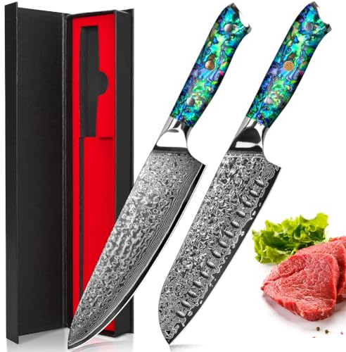 BILLION DUO Damast Messerset, Küchenmesser Set 2-tlg, 67 Schichten Damaststahl Kochmesser, Profi Chefmesser Santokumesser mit Kunstharz Handgriff mit Perlmuttplatten