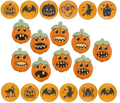 Kaffeehaus Diamant - essbare Zuckerdekoration Halloween - 12 Rondelle mit Halloween Motiven und 6 Kürbisgesichter aus Zucker - Streudeko für Muffins, Torten, Kuchen und Cupcakes - gruselige Aufleger