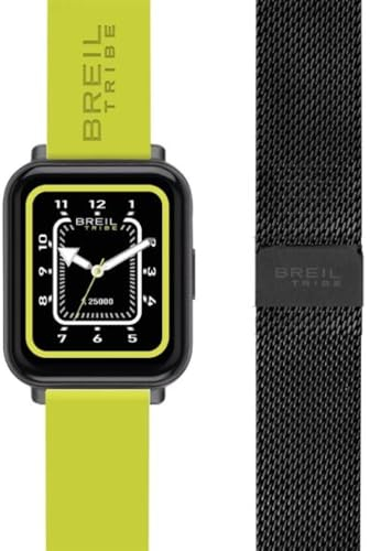 Breil, Smartwatch SBT-2, con Doppio Cinturino Intercambiabile in Silicone Giallo con Pattern Breil Tribe e in Maglia Mesh Nera, Cassa Nera, Connettività Bluetooth, Chiusura ad Ardiglione