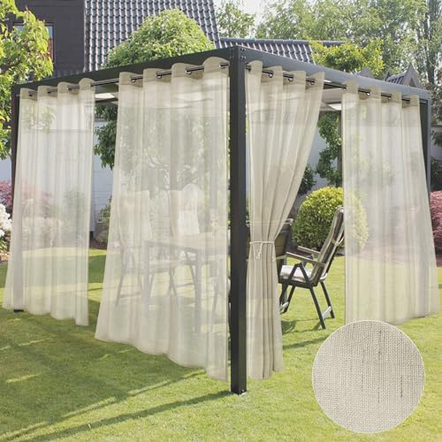 HolidayIdeas Sheer Outdoor Curtains-4 Panels Natural Linen Sheer Curtains Waterproof Privacy, Semi Voile Drapes for Porch, Pavilion, Garden, Lawn, Corridor, Sun Room Decor, W 54 x L 108 inch Long